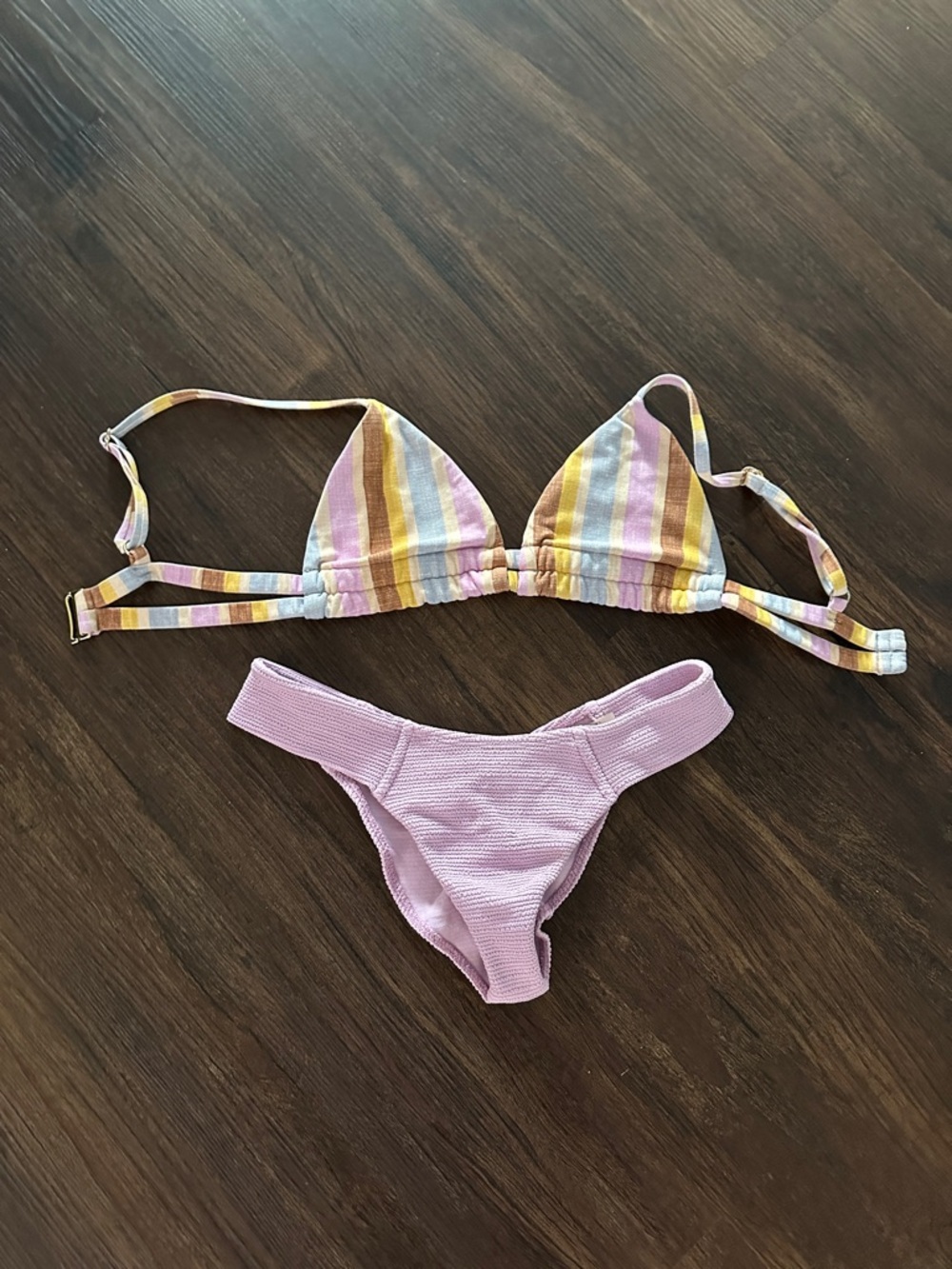 Montce Pastel Stripe Triangle Bikini Top & Lilac Textured Bottom